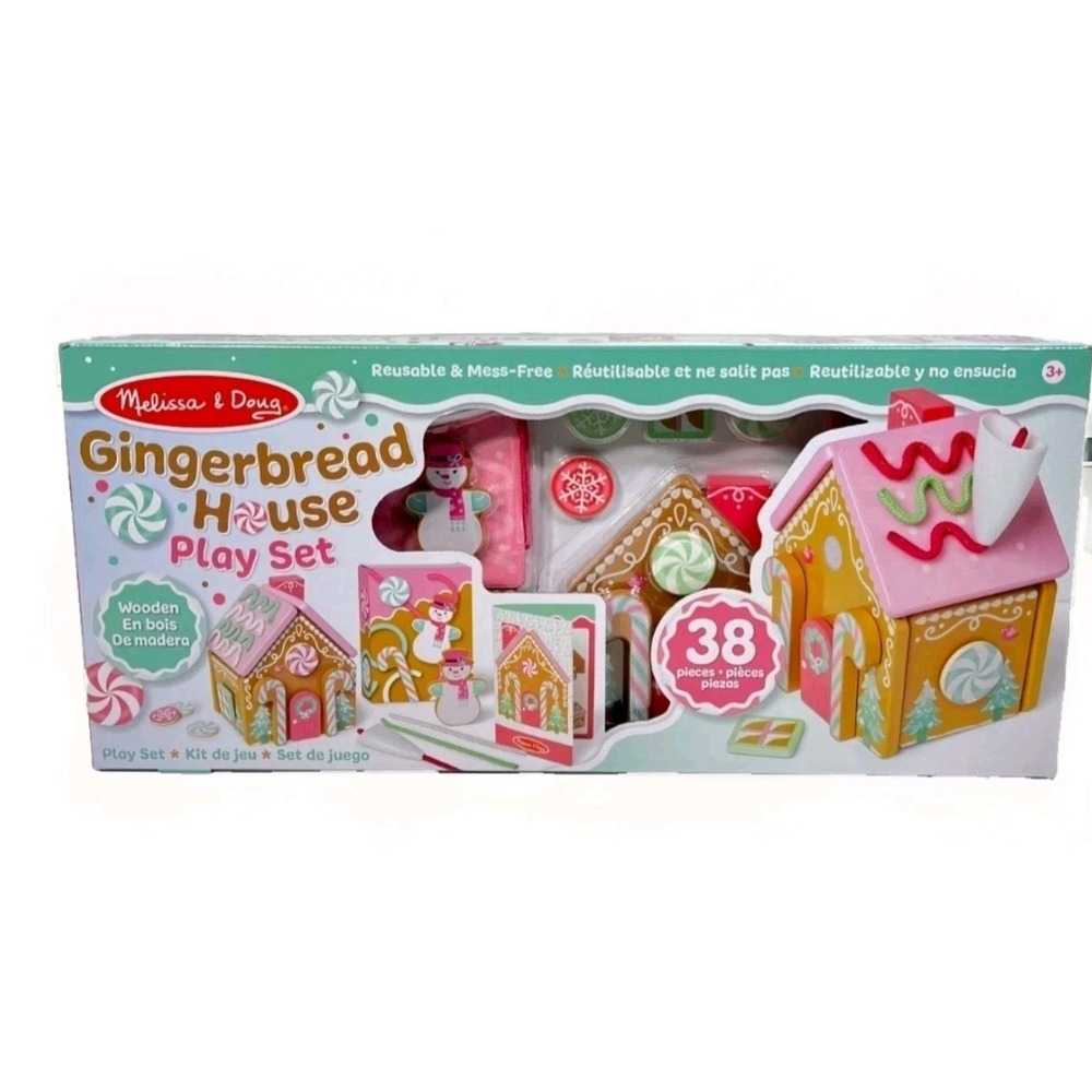 Christmas Gingerbread House Pink Playset Melissa & Doug Wooden Reusable 38 Piece